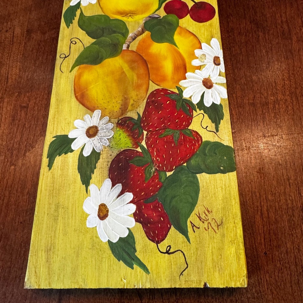 A. Kirk Hand Painted Wood Wall Art 1972 Yellow Fruit Floral Folk Art 18in